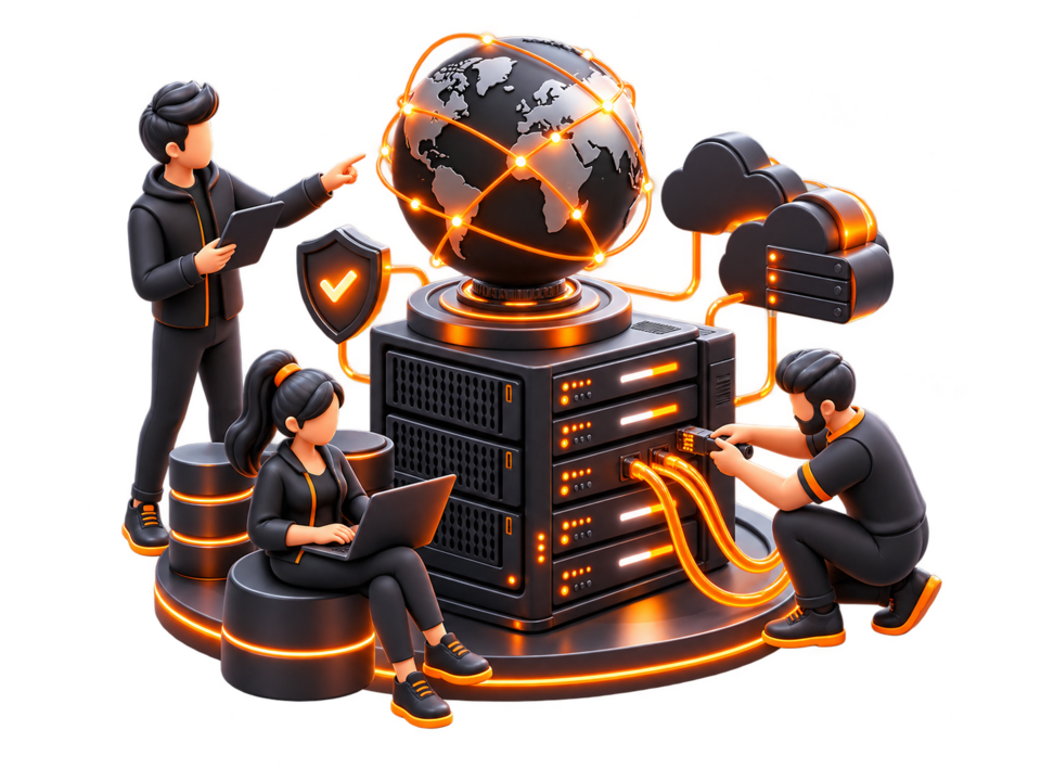 Nameflint hosting team and connected infrastructure illustration